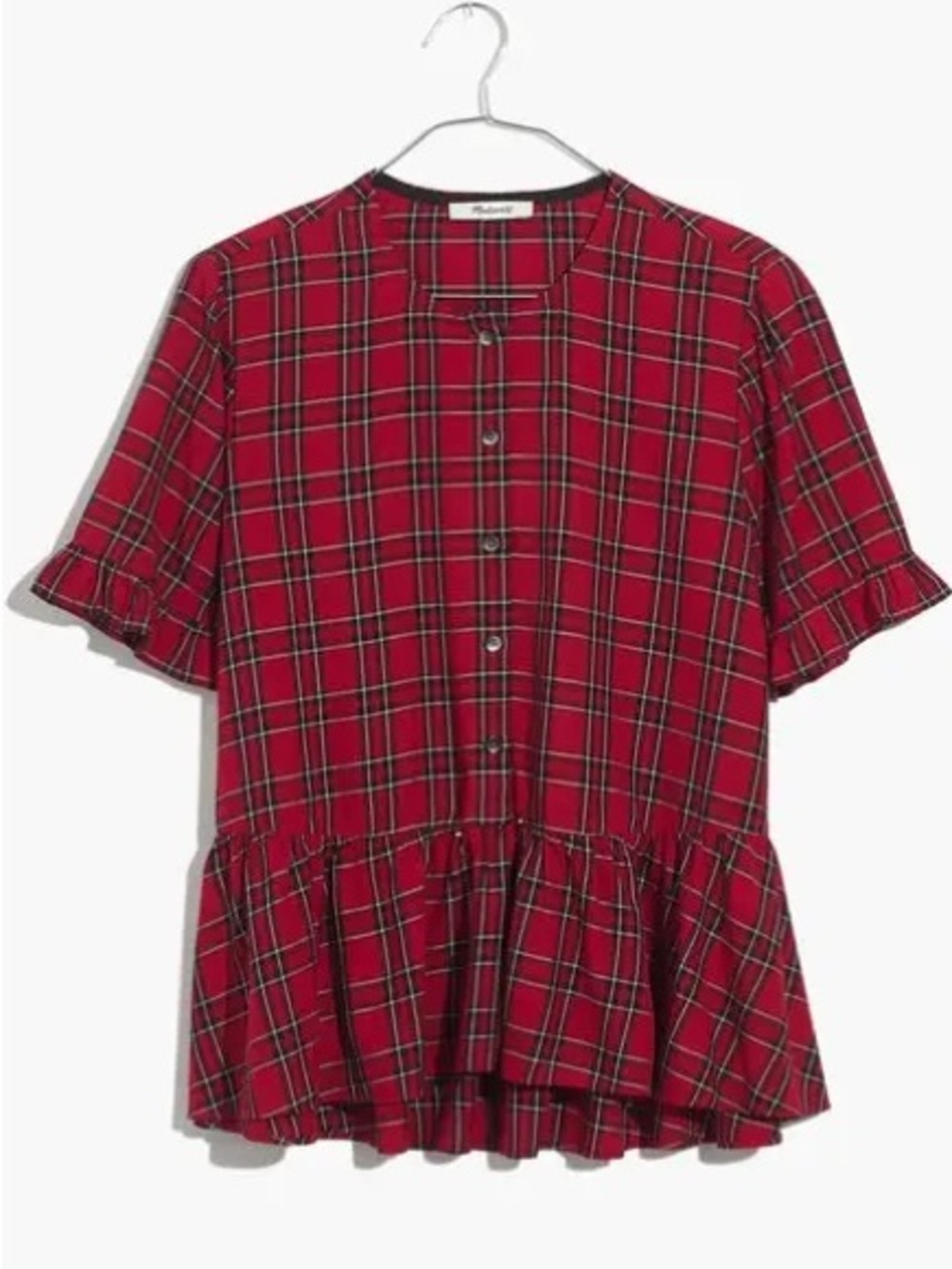 Madewell Ruffle-Hem Top Clanton Plaid Red Black Peplum Short Sleeve Size M